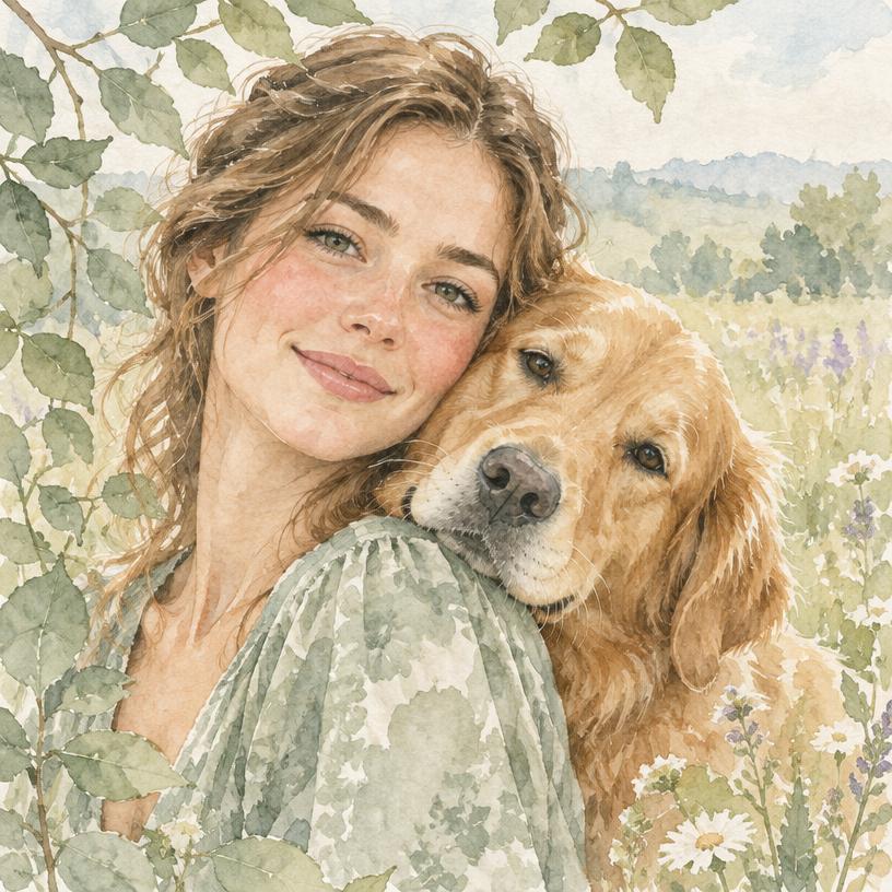 Watercolour portrait of a young woman with a golden retriever