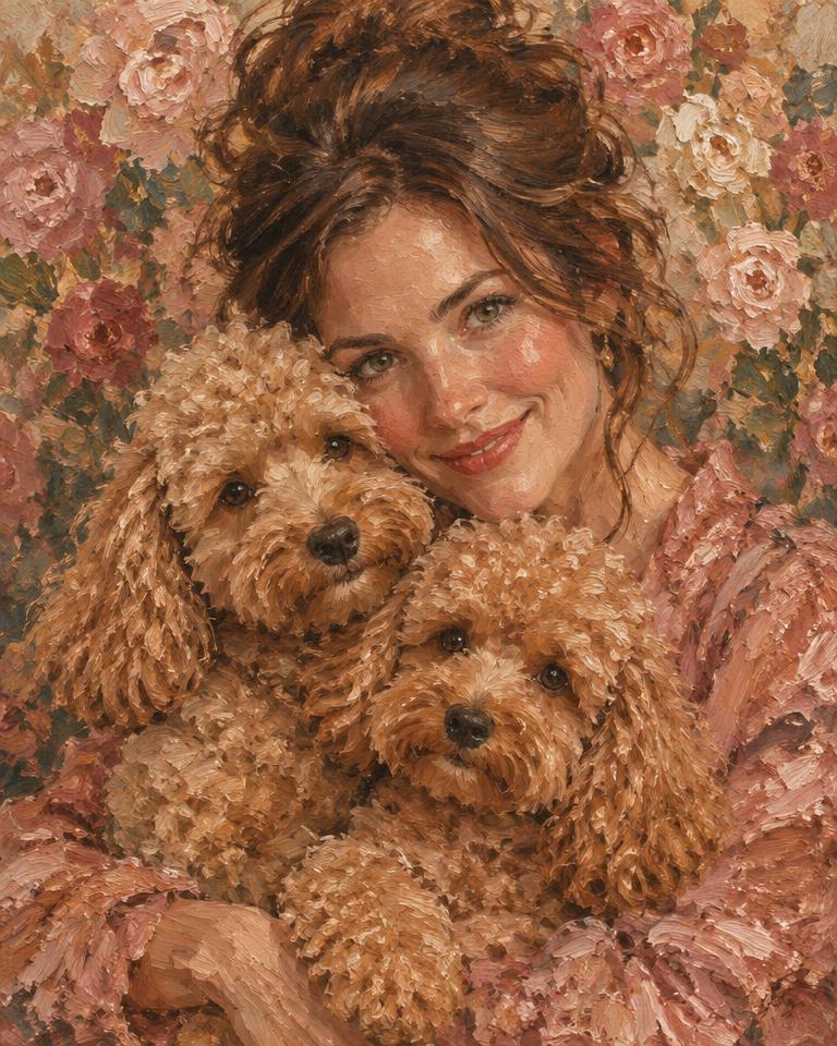 Painterly portrait of a woman with two poodles among roses