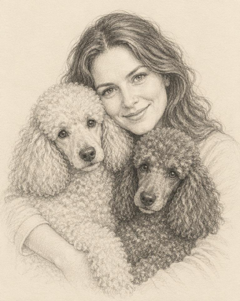 Pencil sketch of a woman with two poodles